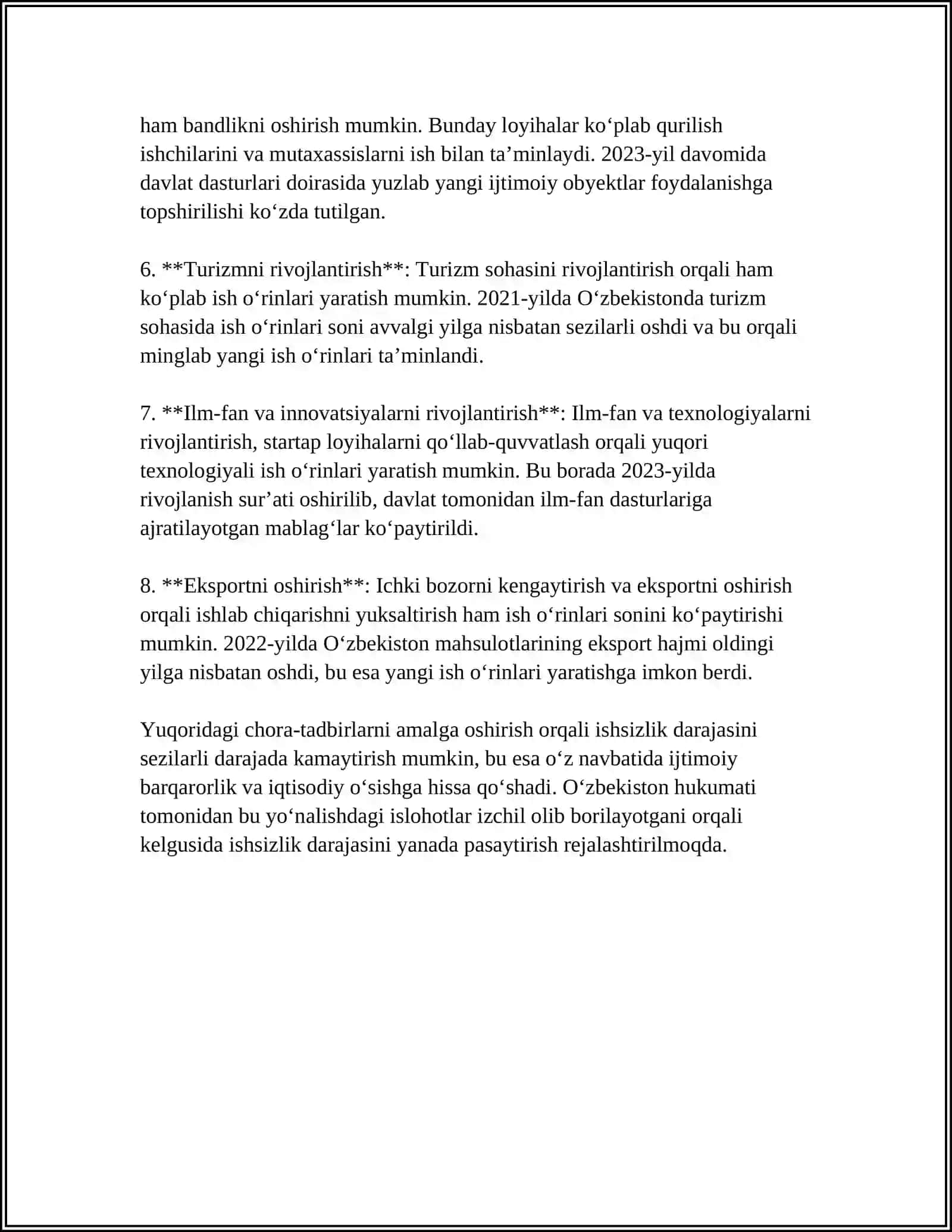 ISHSIZLIKNING OLDINI OLISH, INFLYATSIYA VA ANTINFLYATSION SIYOSAT BO‘YICHA DAVLATIIMIZDA OLIB BORILAYOTGAN ISLOHOTLARNI TAHLIL QILISH 4