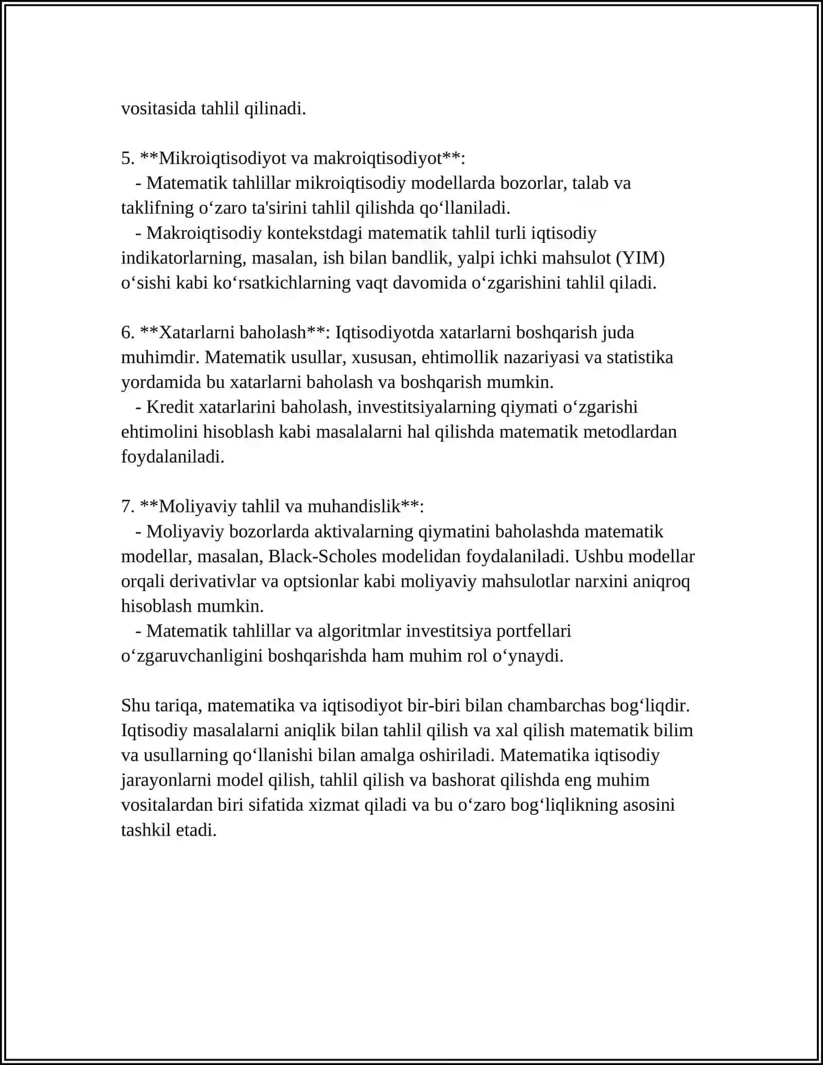 SOHADAGI IQTISODIY TIZIMINI IFODALOVCHI AMALIY MASALALRNI YECHISH. SOHA BO'YICHA MATHCAD SISTEMALARIDA ISHLASH 4