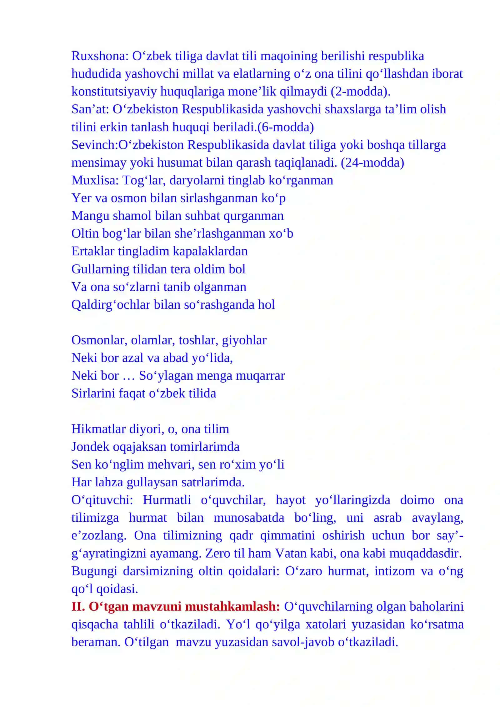 4-sinf Ona tili fanidan Fe'l so'z turkumi 4-chorak dars ishlanmasi 4