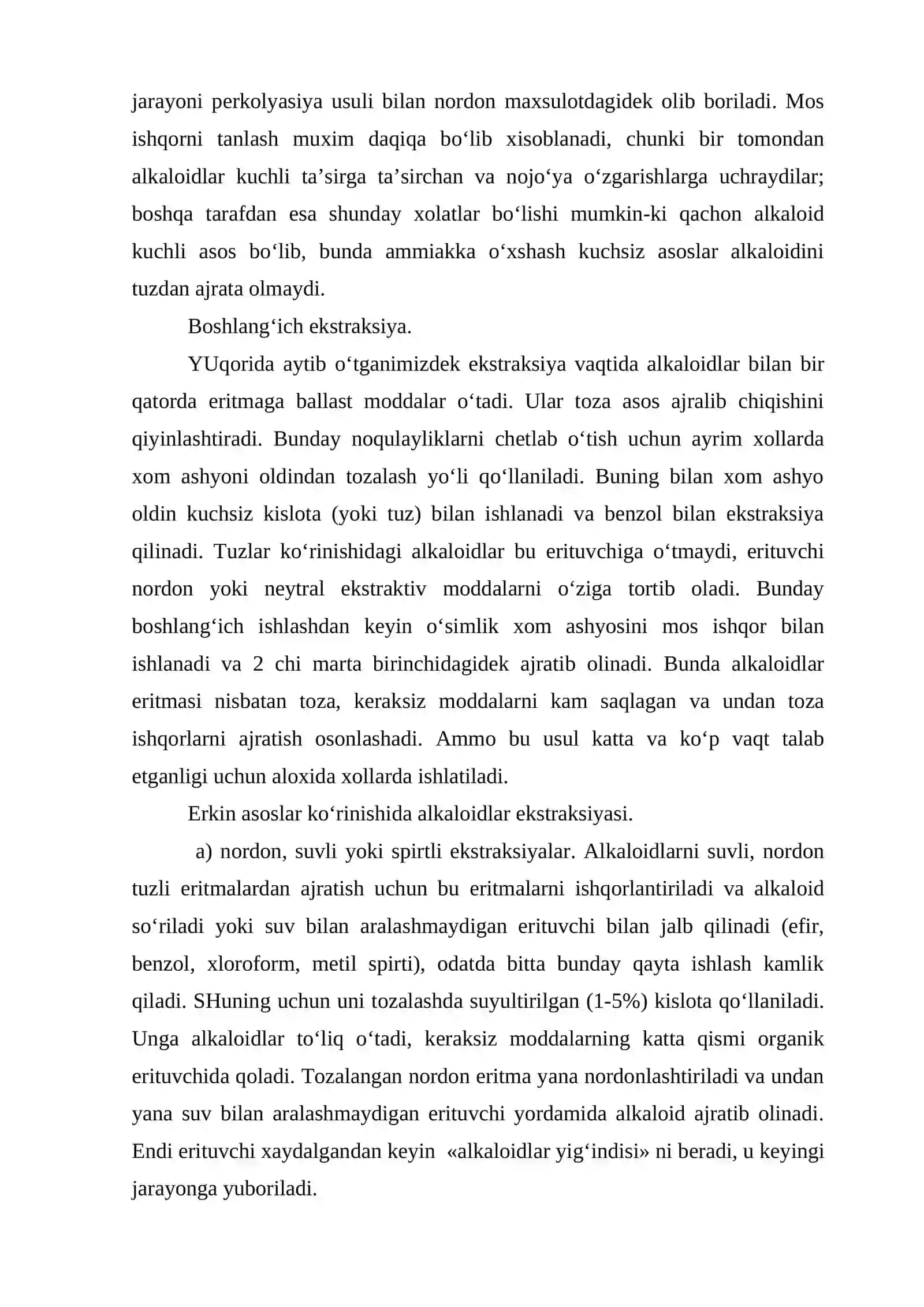 O‘simliklardan alkaloidlarni ajratish usullari. Tuzlar, erkin asoslar ko‘rinishidagi ekstraksiya 4