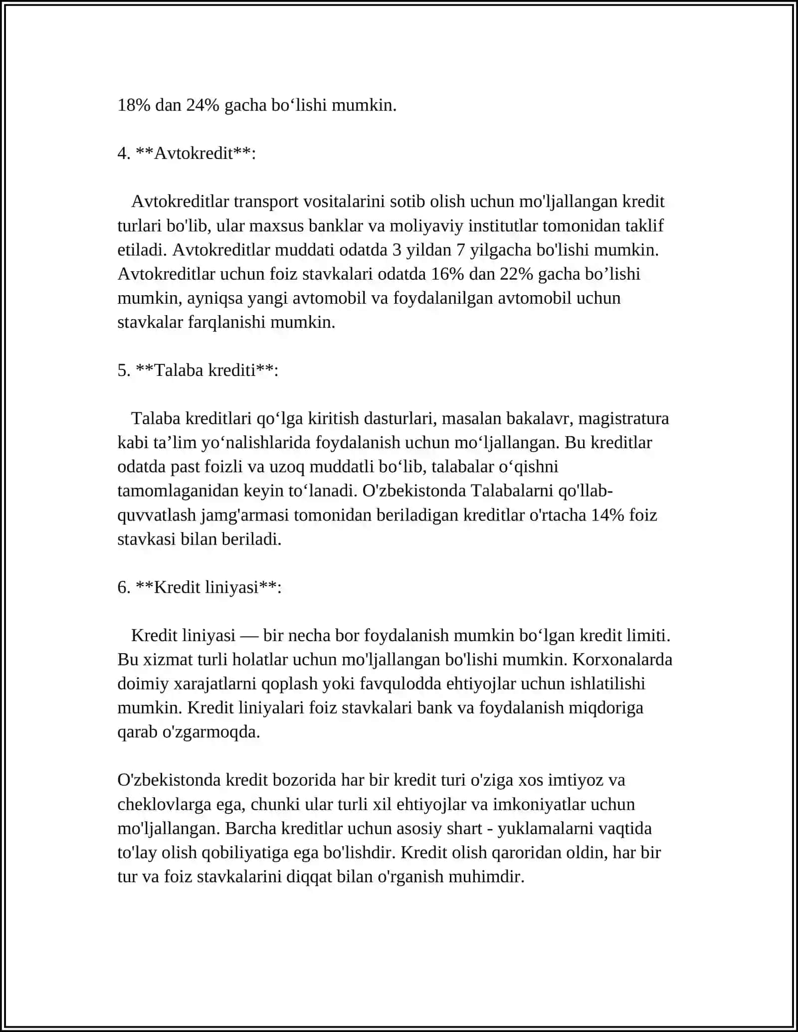 BANK VA BOSHQA KREDIT MUASSASALARIDAN OLINGAN KREDIT VA QARZLAR HISOBI 4