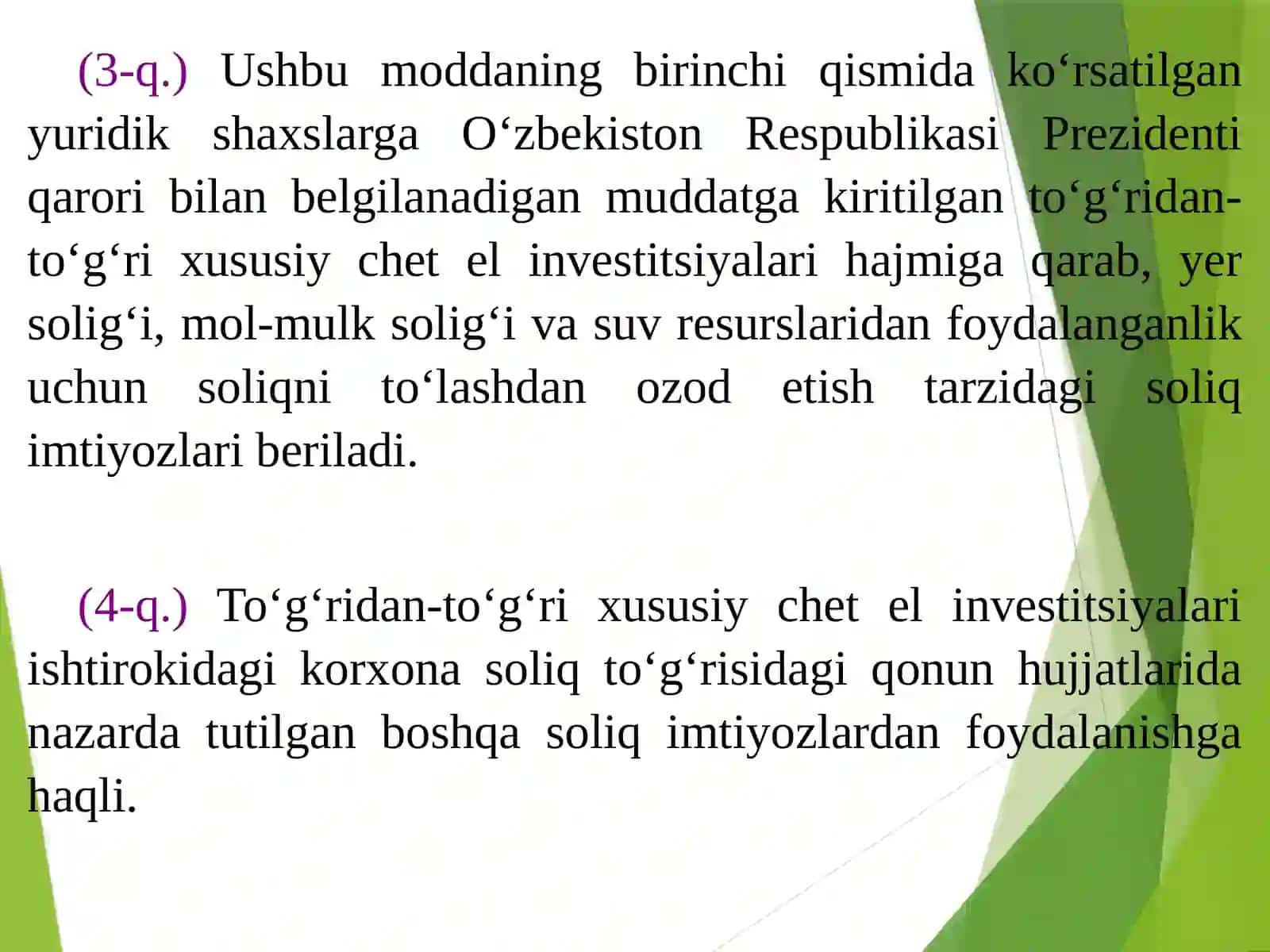 SOLIQ TOʻLOVCHILARNING AYRIM TOIFALARIGA SOLIQ SOLISHNING OʻZIGA XOS XUSUSIYATLARI 4