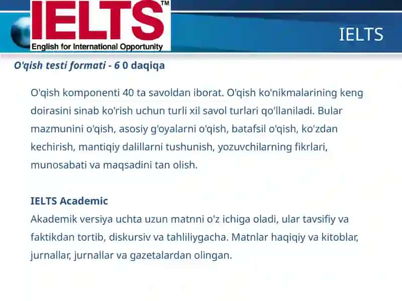 IELTS va TOEFL testlarining tuzilishi va mezonlari 4