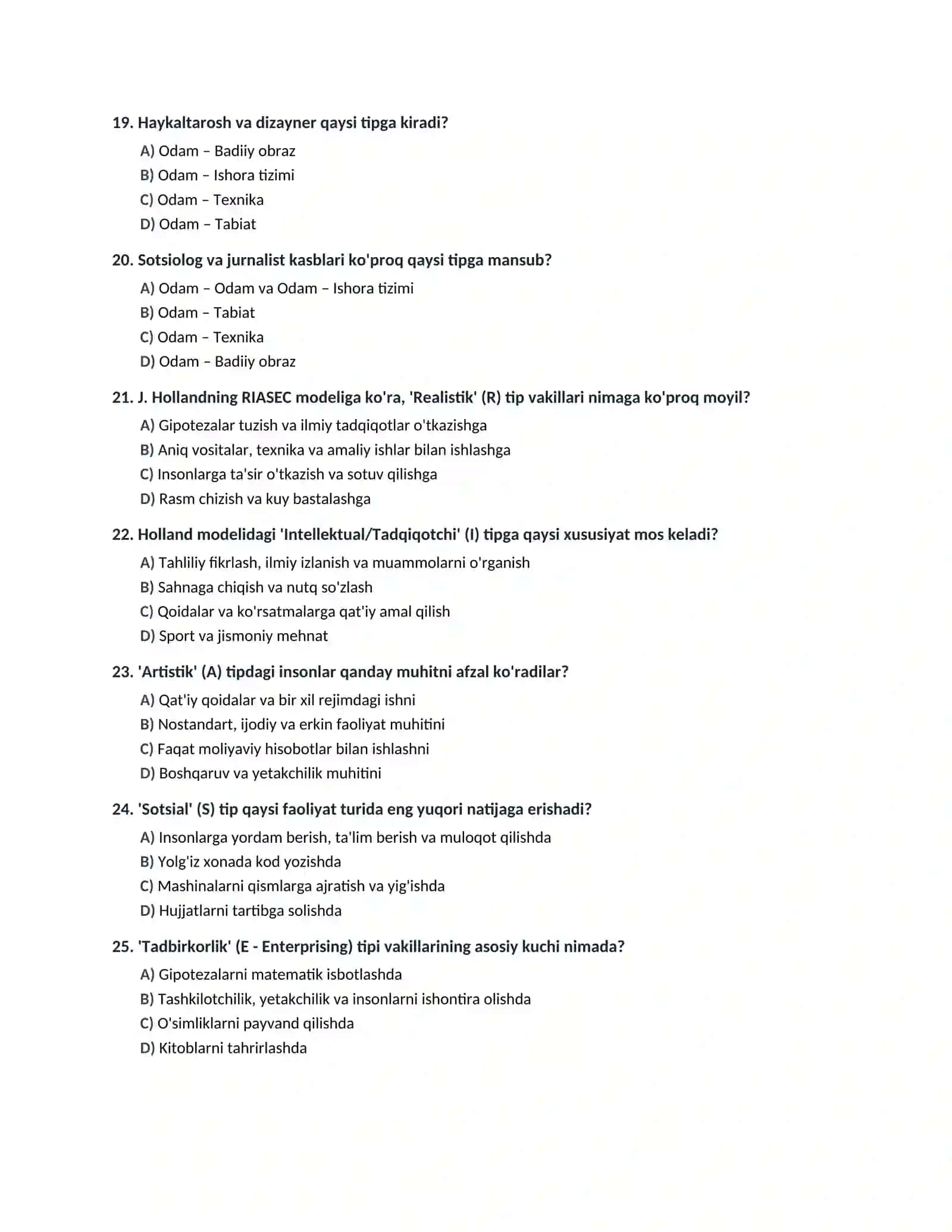 YOSHLAR UCHUN TO'G'RI KASB TANLASH PSIXOLOGIYASI VA KASBIY YO'NALTIRISH BO'YICHA 100 TALIK TEST JAVOBLARI BILAN 4