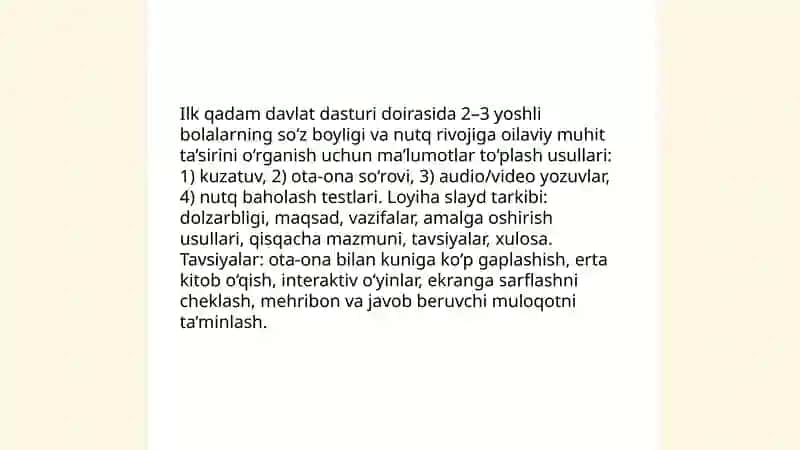 İlk qadam davlat dasturi asosida 2 yoshdan 3 yoshgacha bo‘lgan bolalarning nutqini o‘stirish 4