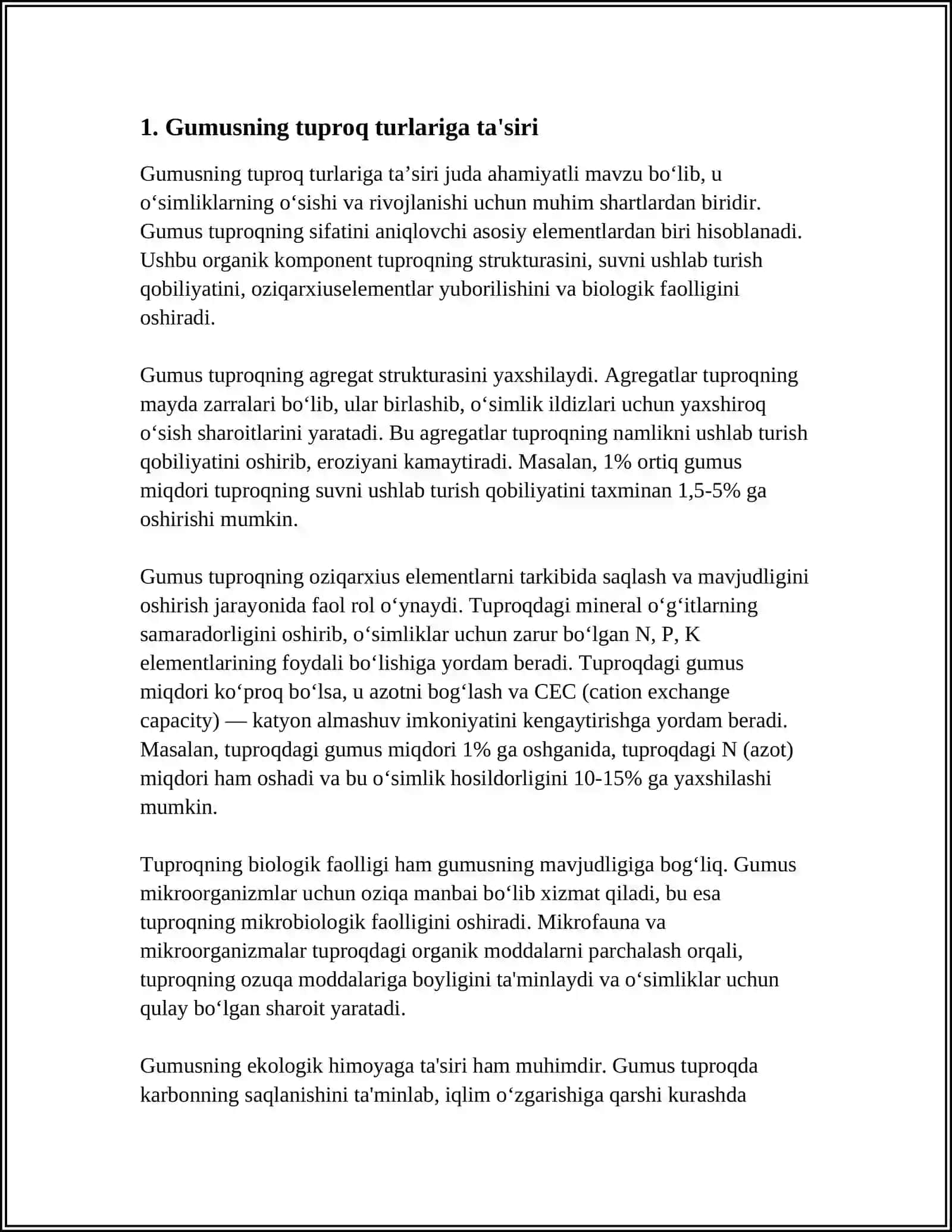 RESPUBLIKA TUPROQLARIDA GUMUS MIQDORI, ZAHIRASI. TUPROQLARNING GUMUSLILIK HOLATI 4
