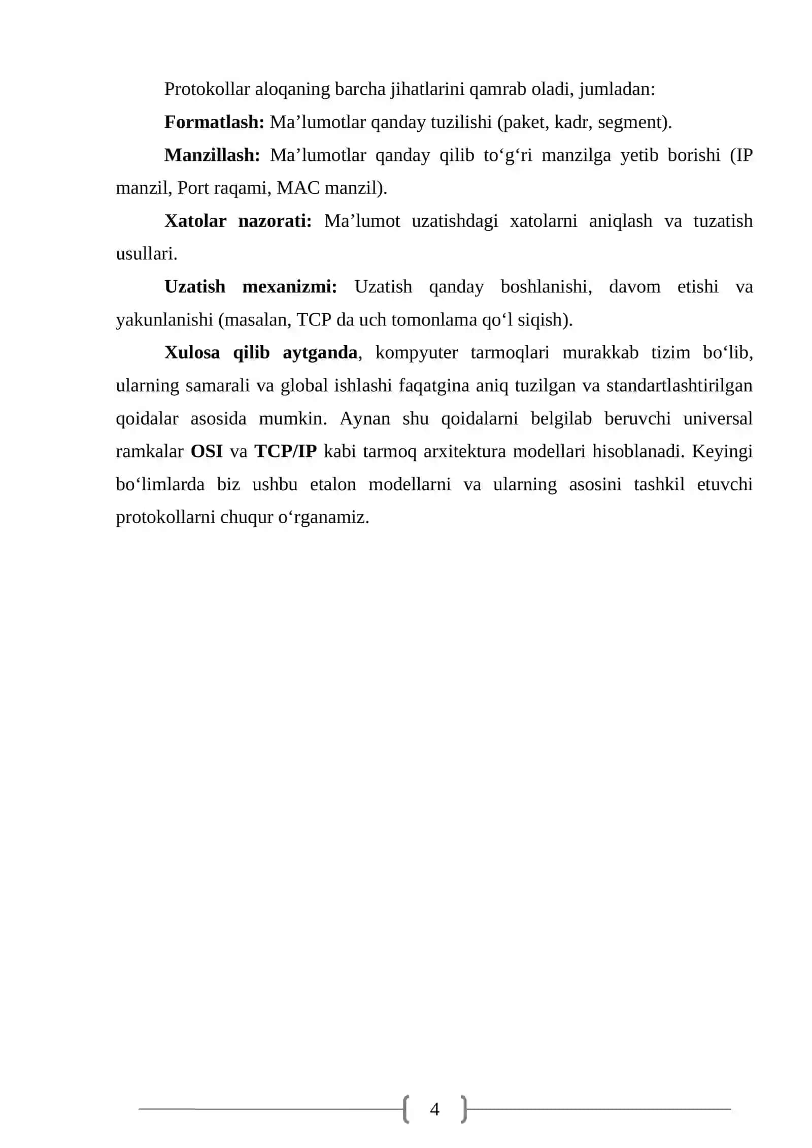Kompyuter Tarmoqlarining Asosiy Arxitektura Modelleri: OSI va TCP/IP Hamda Protokollar 4