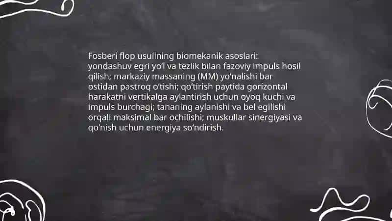 Balandlikka sakrash. Hatlab oʻtish fosberi flop usullari va ularning farqli fazalari 4