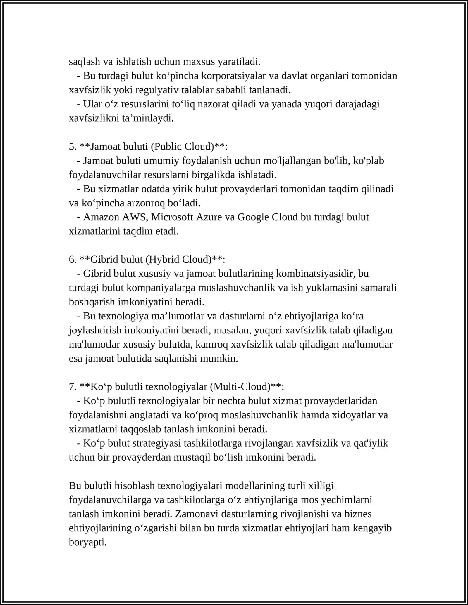 MUSTAQIL ISH Mavzu: BULUTLI YECHIMLAR (SAAS) VA BULUTLI INFRATUZILMASI(IAAS).RAQAMLI PLATFORMALAR (PAAS) 4