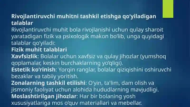 Maktabgacha taʼlim va tarbiya standarti va undagi rivojlantiruvchi muhitni tashkil etishga quyiladigan talablar 4