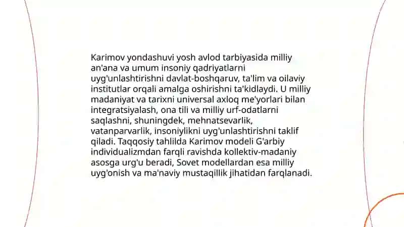 Yosh avlod tarbiyasida milliy va umum insoniy qadryatlarga asoslanish borasidagi g'oyalari 4