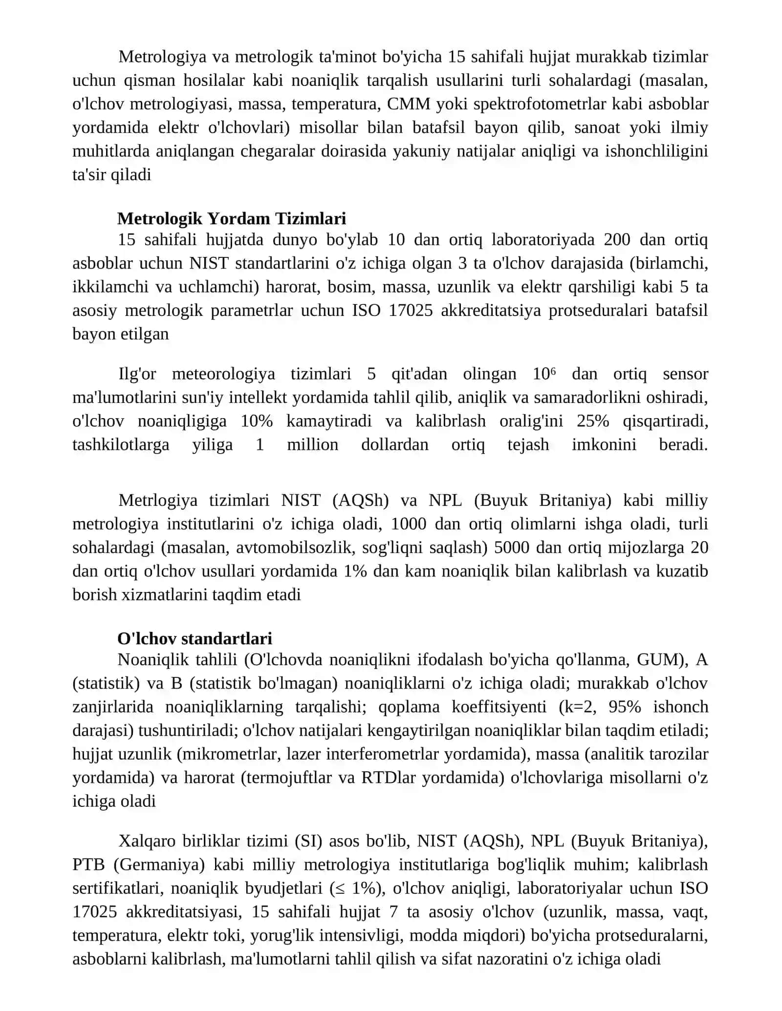 Metrologiya va metralogik ta'minot mavzusida 15 list dan iborat 4