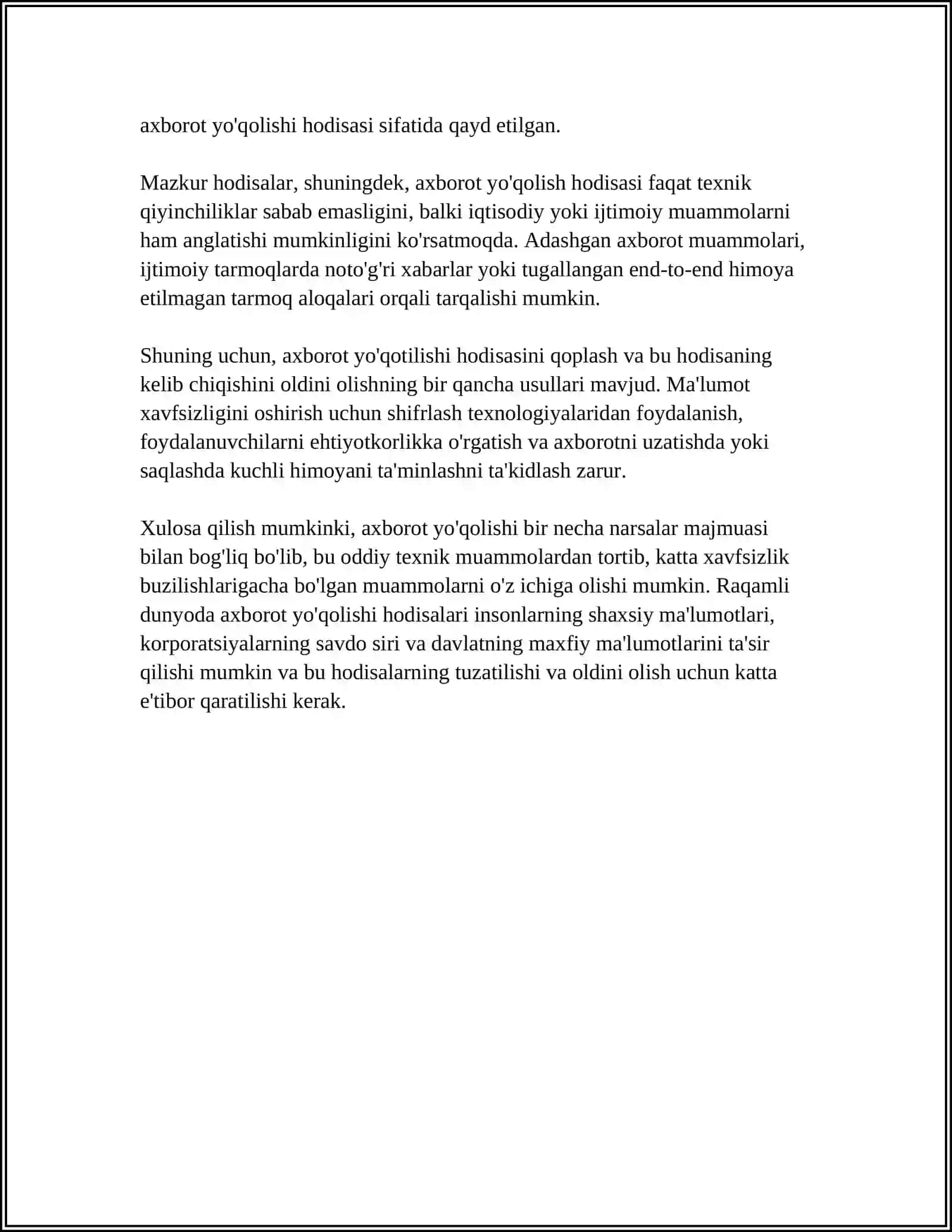 AXBOROT YO'QOLISH HODISASI VA BUNDAY HODISANI SPORADIK TIZIMLARDA BARTARAF QILISH TAMOYILLARI 4
