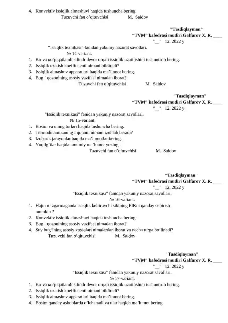 Issiqlik texnikasi yakuniy nazorat savollari 4