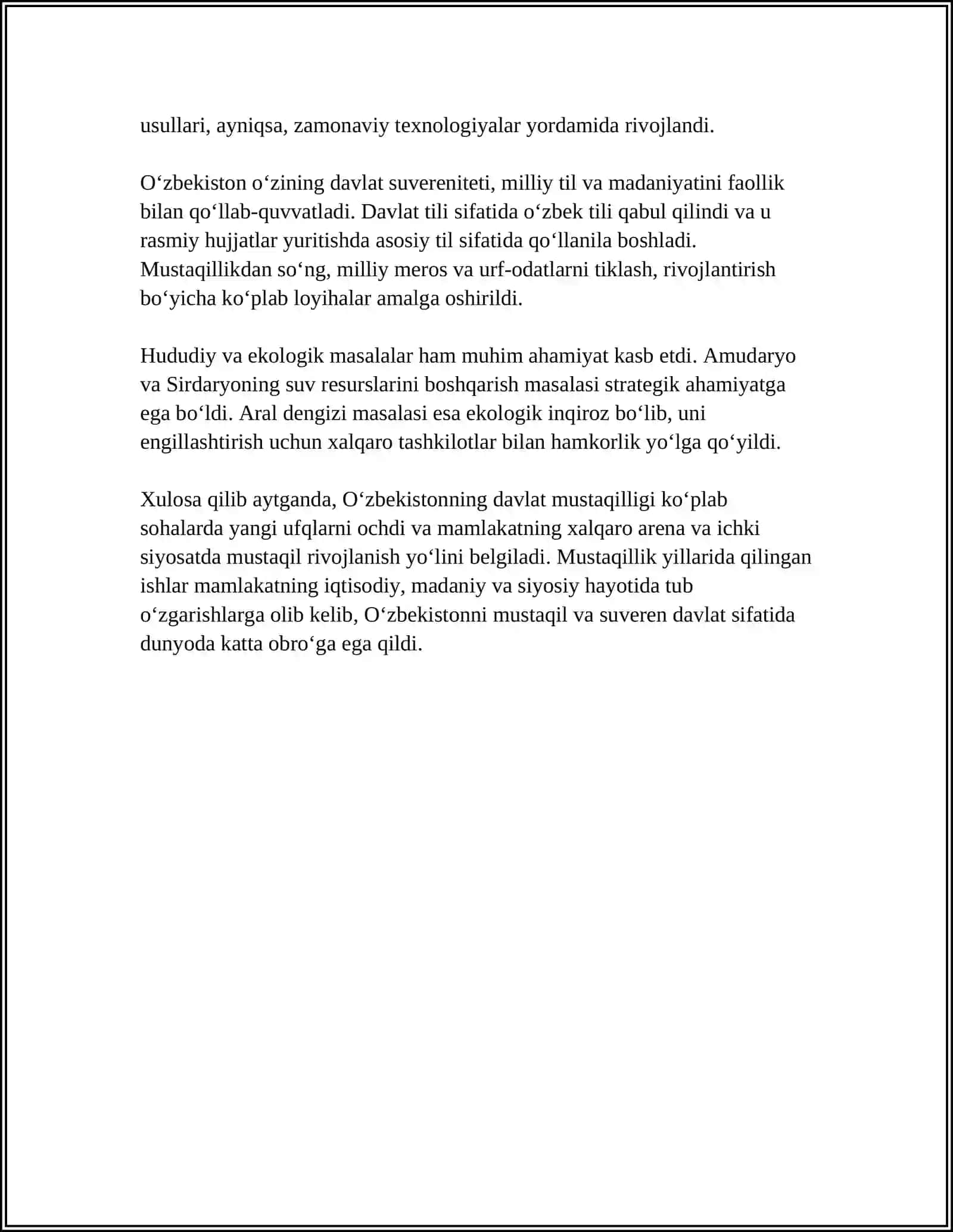 OʻZBEKISTONDA DAVLAT MUSTAQILLIGINING QOʻLGA KIRITILISHI, HUQUQIY DEMOKRATIK DAVLAT VA FUQAROLIK JAMIYATI ASOSLARINI BARPO ETISH BORASIDAGI ISLOHOTLAR 4