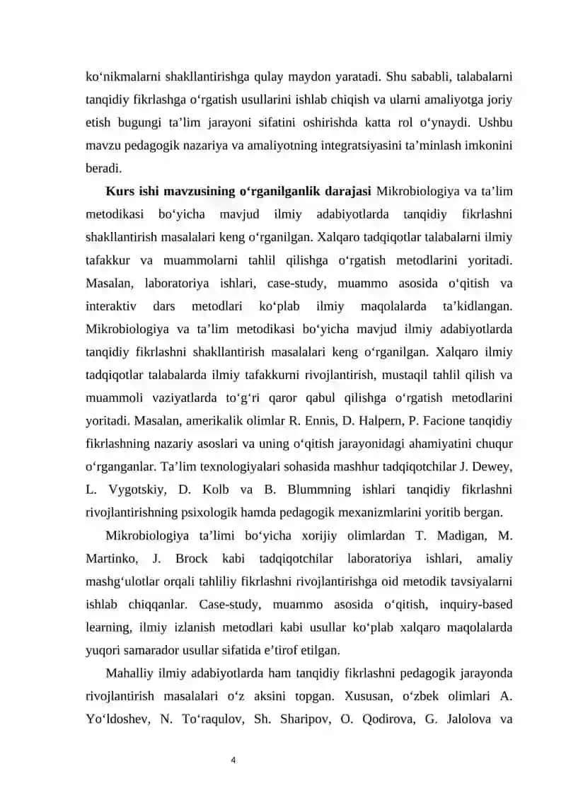 UMUMIY MIKROBIOLOGIYA FANIDA TALABALARNI TANQIDIY FIKRLASHGA O‘RGATISH USULLARI        kurs ishhi 4