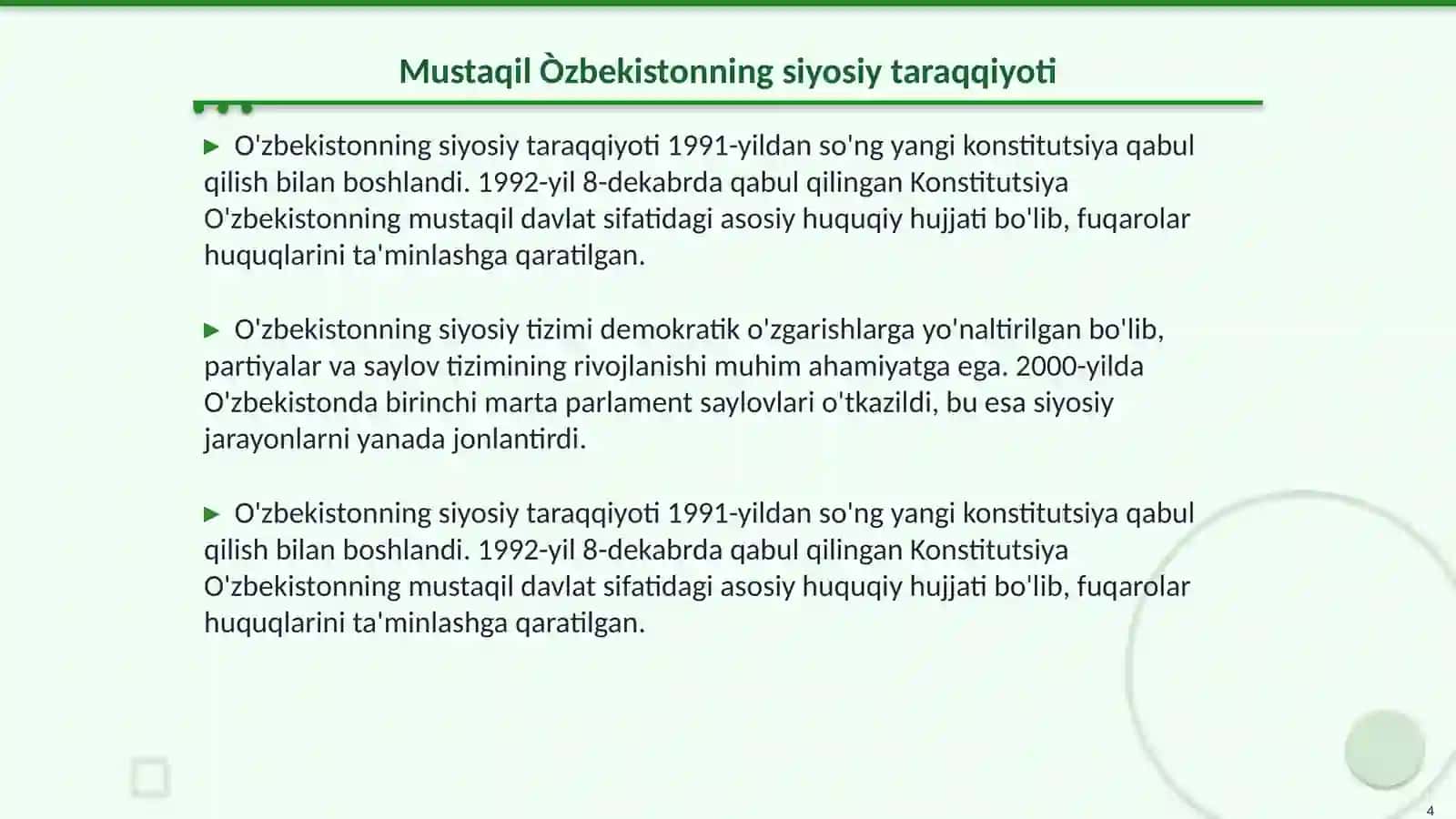 Mustaqil Òzbekiston Respublikasini tashkil topishining tarixiy ahamiyati.òzbekistoning òziga xos istiqboli va taraqiyot yòli 4