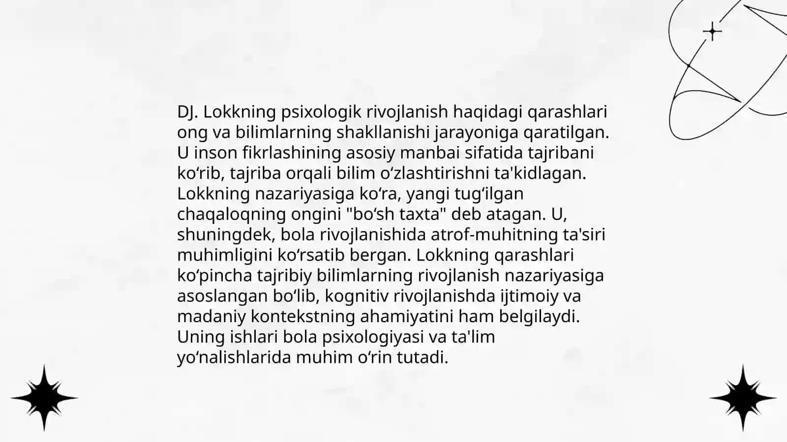 Inson psixik rivojlanishini tushintirishga yondashuvlar ( Sotsaginetik nazariyalar: DJ.Lokk A. Bandura bixiorizmim maktabi namoyondalari) 4