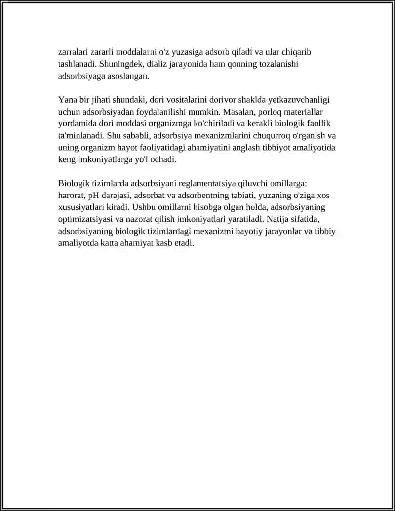 ORGANIZMNING HAYOT FAOLIYATIDA VA DAVOLASH USULLARIDA ADSORBSIYA JARAYONING AHAMIYATI 4