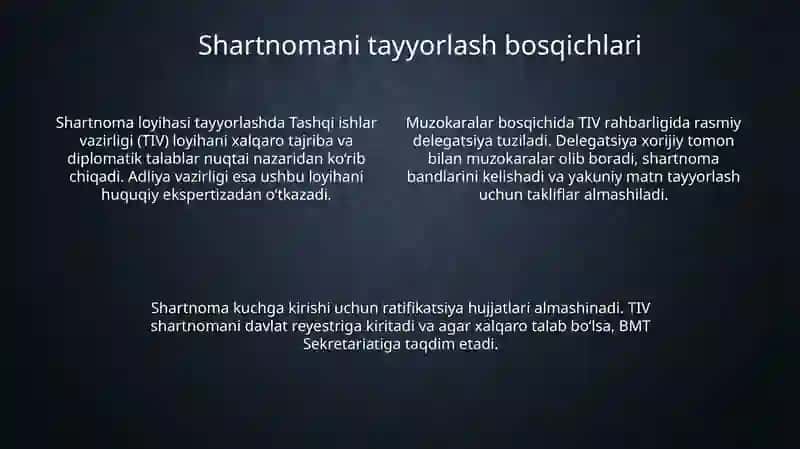 O'zbekiston Respublikasi xalqaro shartnomalarni tayyorlash tartibi va asosiy bosqichlari 4