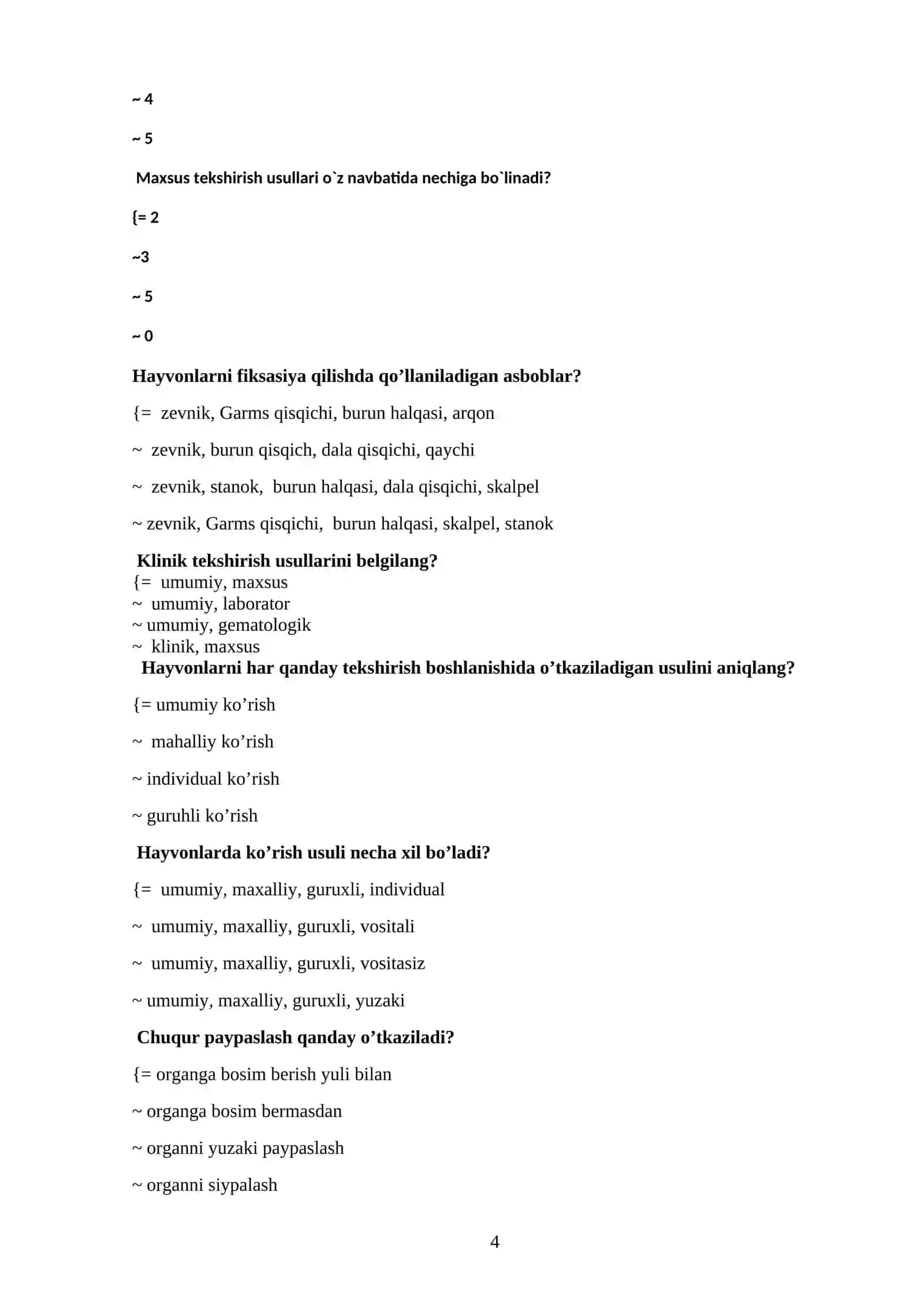 VETERINARIYA DIAGNOSTIKASI VA RENTGENOLOGIYASI test savoLLARI TO’PLAMI, JAVOBLARI BILAN 4