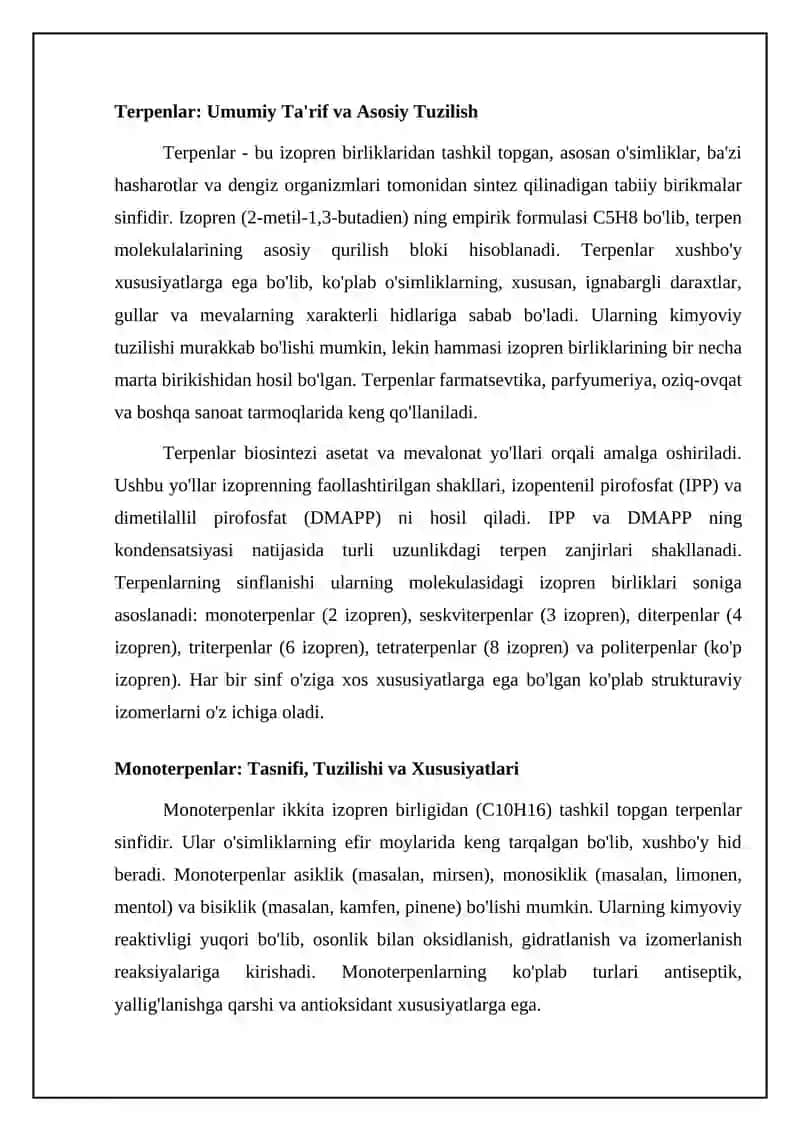 Terpenlar Tabiiy Birikmalardan Ajratib Olish Usullari 4