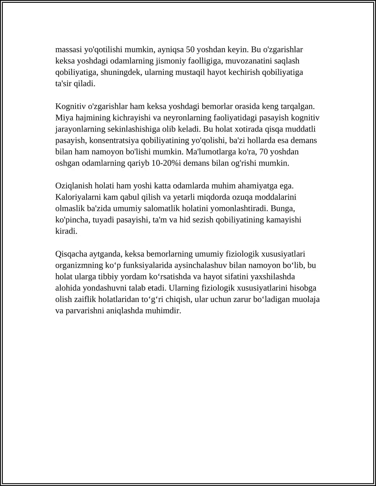 KEKSA BEMOR. KEKSA ORGANIZMNING FIZIOLOGIK XUSUSIYATLARI 4