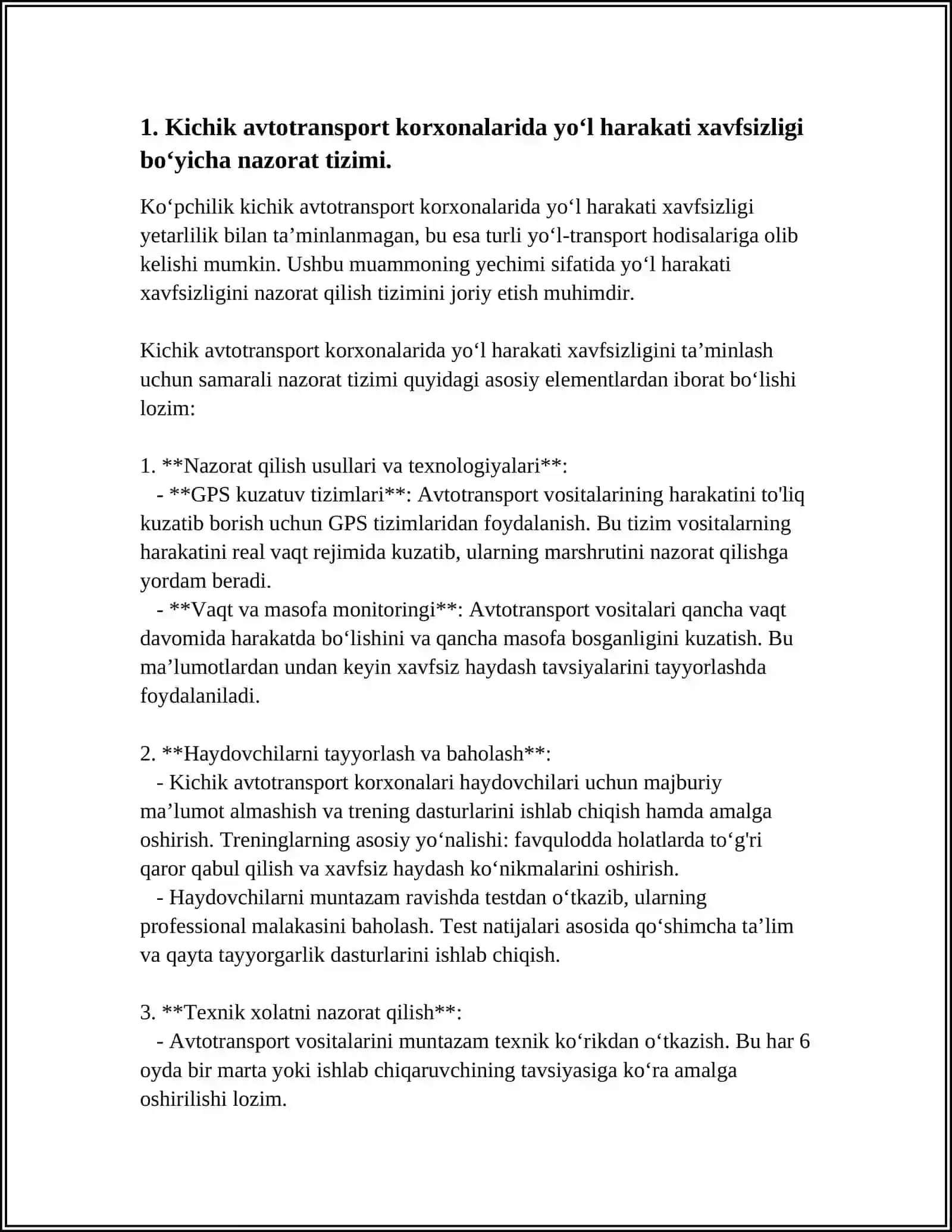 KICHIK AVTOTRANSPORT KORXONALARIDA SHUNINGDEK TADBIRKORLIK STRUKTURALAR HAYDOVCHILIKLARINING YOʻL XARAKATINI XAFSIZLIGINI TAMINLASH BOʻYICHA ISHINING OʻZIGA HOS HUSUSIYATLARI 4