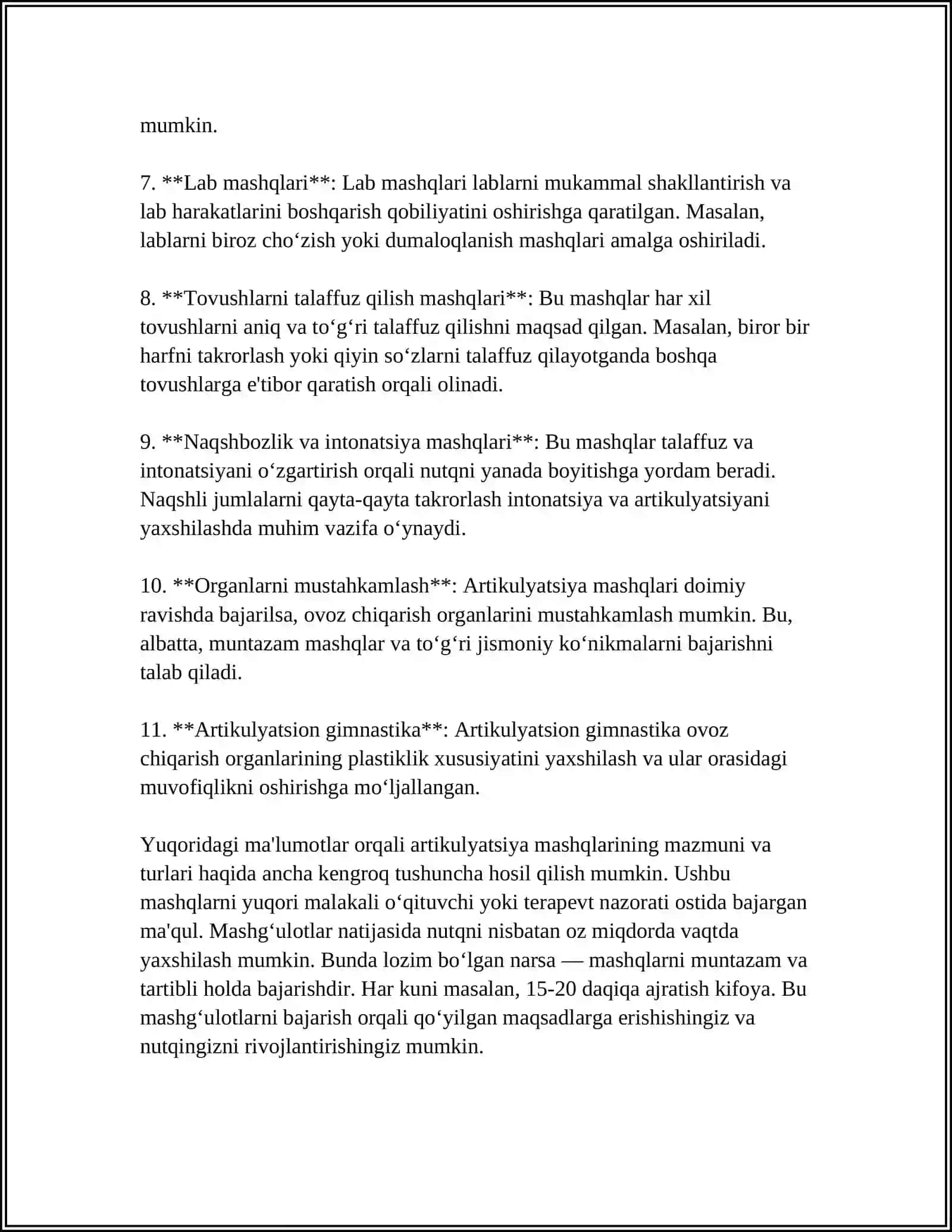 TOVUSHNI MUSTAHKAMLASH BOSQICHIDA ARTIKULYATSIYA, DIKTSIYA, INTANATSION IFODALILIKNI, MANTIQIY URG'UNI RIVOJLANTIRISHDA LOGOPEDIK RITMIKA 4
