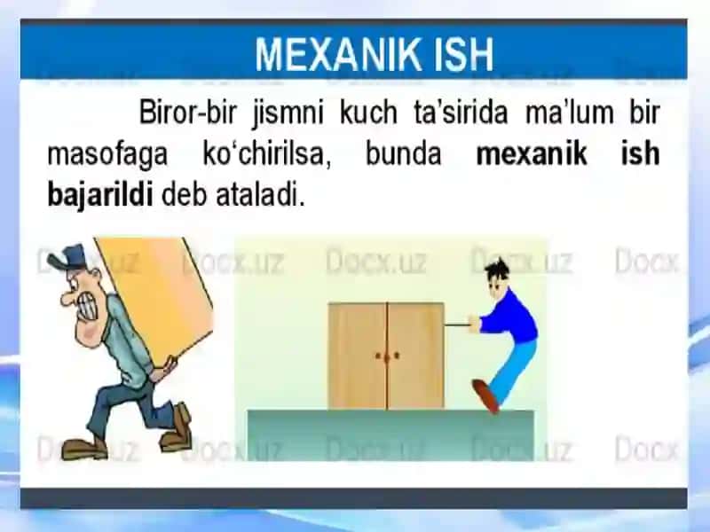 Mexanik ish va quvvat. Mexanik energiya. Kinetik va potensial energiyalarning ish va kuch bilan bog‘liqligi. Mexanikada energiyaning saqlanish qonuni. 4