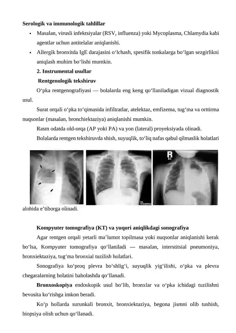 Bolalarda nafas olish tizimini o'rganish uchun laboratoriya va instrumental usullar: rentgenologik, bronkoskopiya, tashqi nafas olishni o'rganish va boshqalar 4