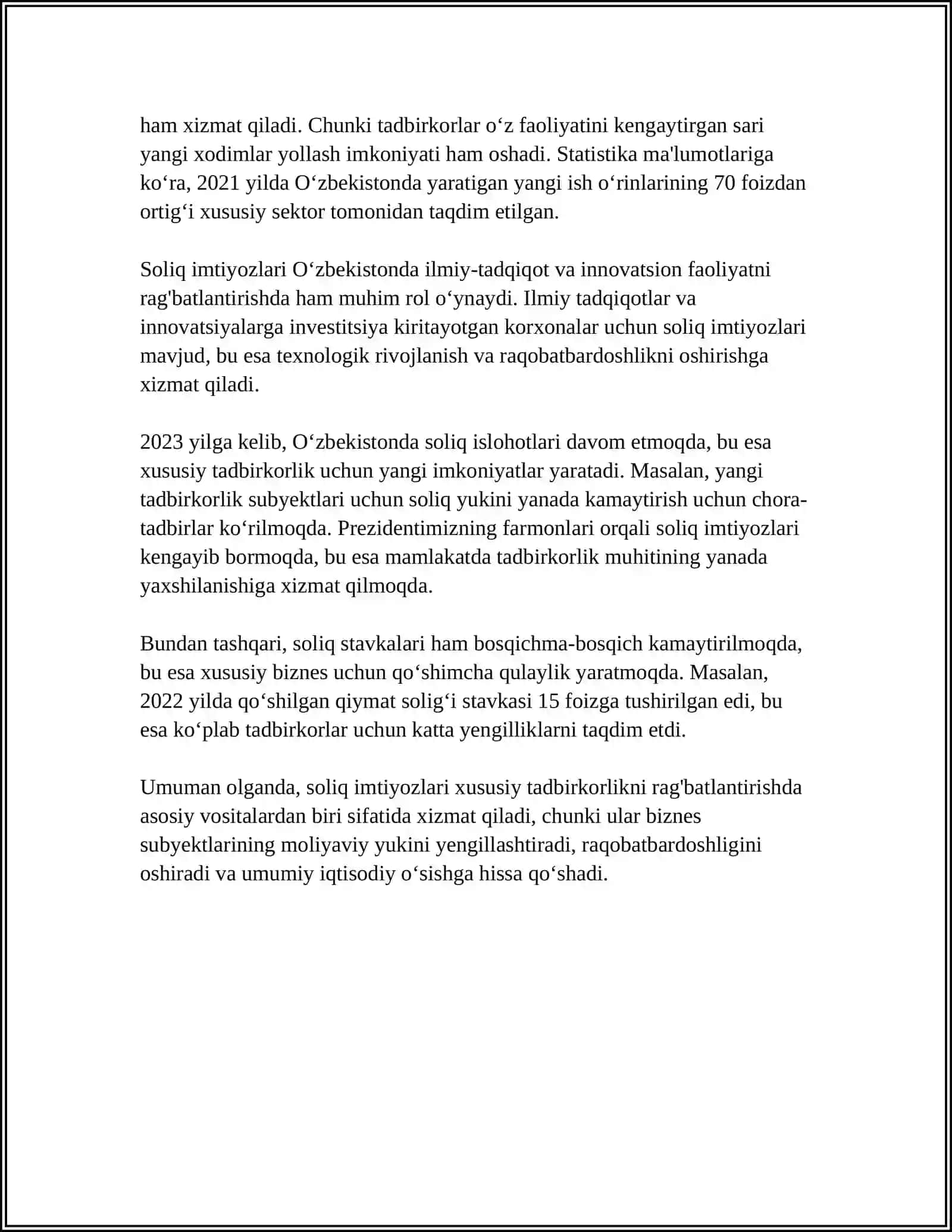 O'ZBEKISTONDA XUSUSIY TADBIRKORLIKNI RIVOJLANTIRISHDA SOLIQ IMTIYOZLARINING O'RNI VA AHAMIYATI 4