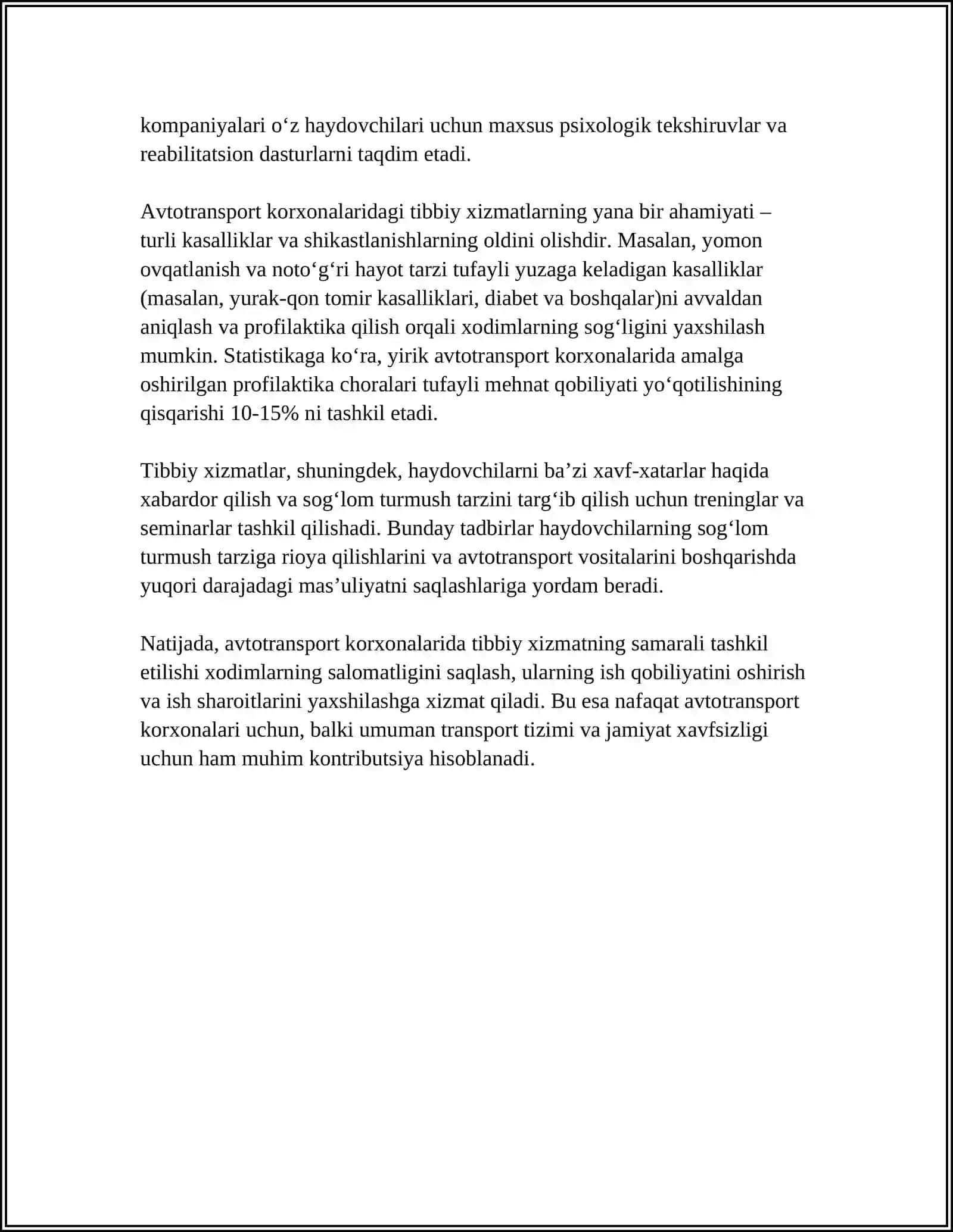 MUSTAQIL ISH Mavzu: AVTOTRANSPORT KORXONALARIDA TIBBIY XIZMATNI TASHKIL ETISH 4