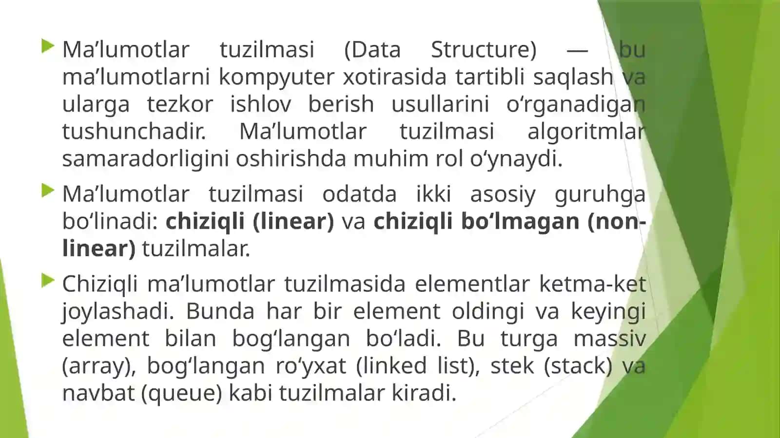 Malumotlar va ularni ifodalash bosqichlari Malumotlar tuzilmasi 4