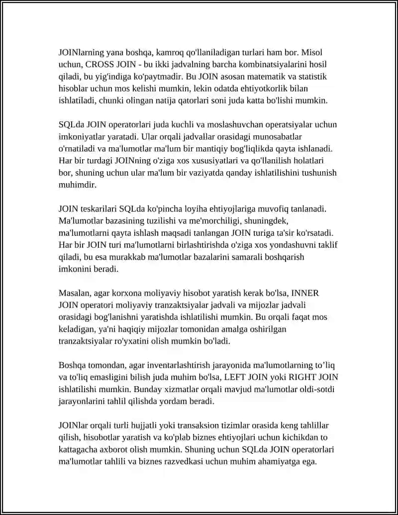 SQLDA VA JOIN OPERATSIYALARI TURLARI VA QO'LLANILISHI 4
