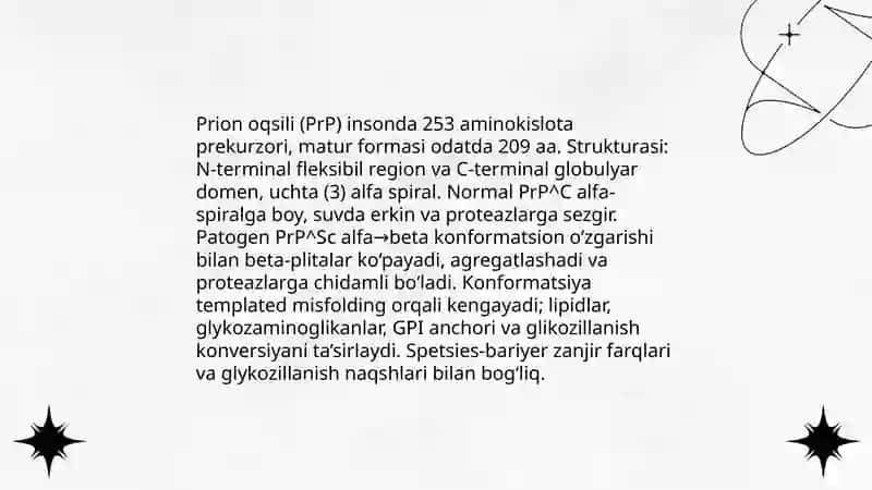 Prionlar haqida tushuncha, kelib chiqishi prion kasalliklari, amaliyotda ahamiyati. Oziq muhitlar, xromogen oziqli muhitlar, identifikasiyda qo‘llanilishi. Tuymurodov Maruf 4