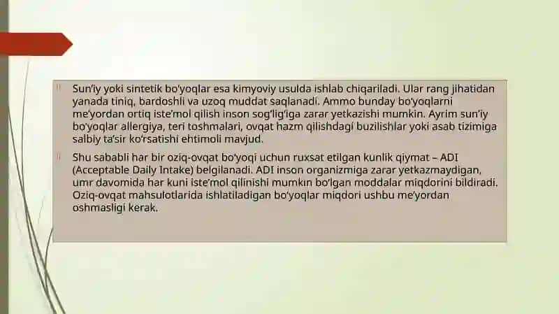 Ruxsat etilgan kunlik qiymatlar oziq-ovqat bo‘yoqlarining kvitansiyalari 4