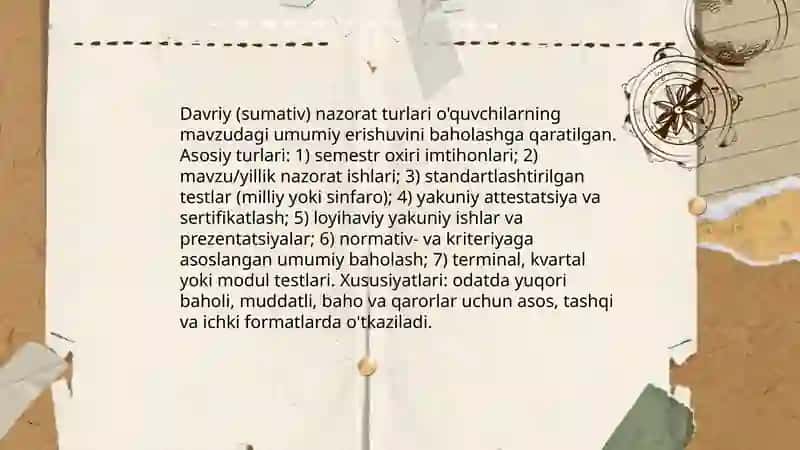 O'quvchilarning bilim, ko'nikma va malakalarini nazorat qilish turlari, shakl va metodlari 4