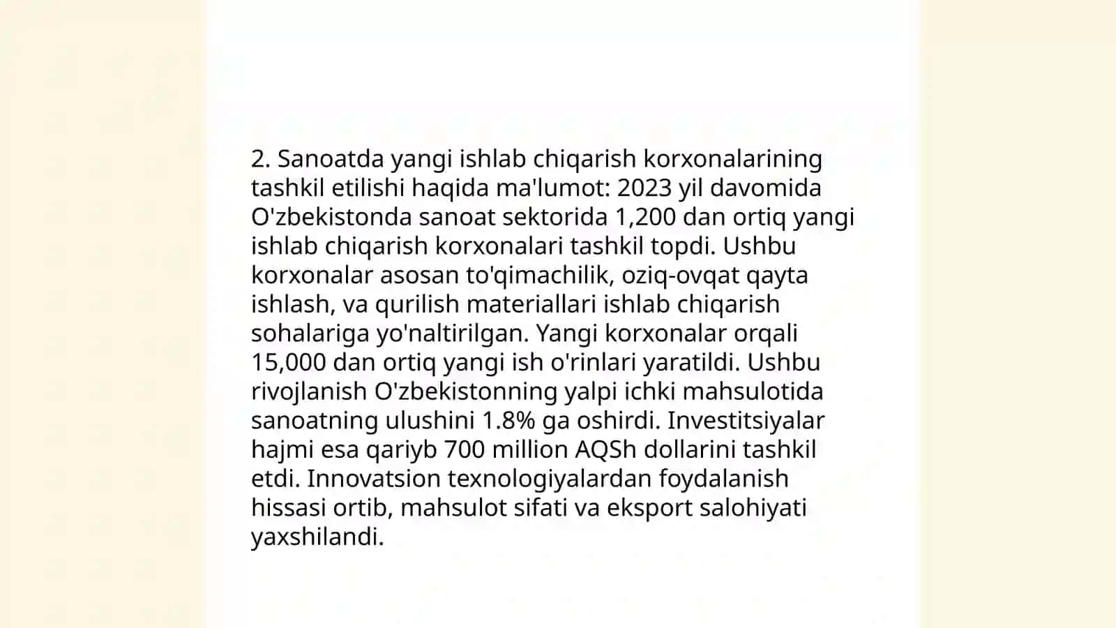 Mustaqillik yillarida qishloq xoʻjaligi va sanoat sohasidagi oʻzgarishlar 4