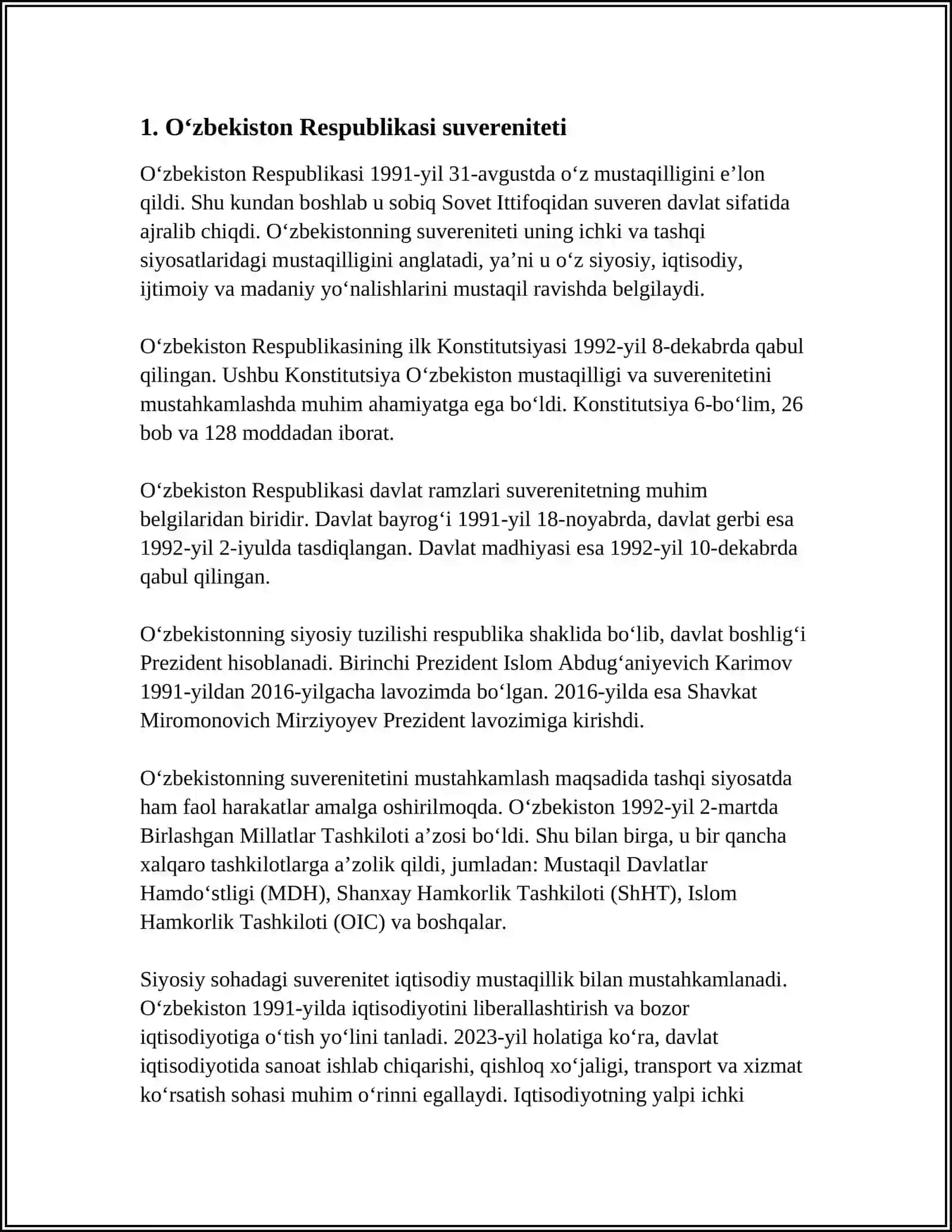UZBEKISTAN RESPUBLIKASI KONSITITUTSIYASI----MUSTAQIL DAVLATNING ASOSIY QONUNI 4
