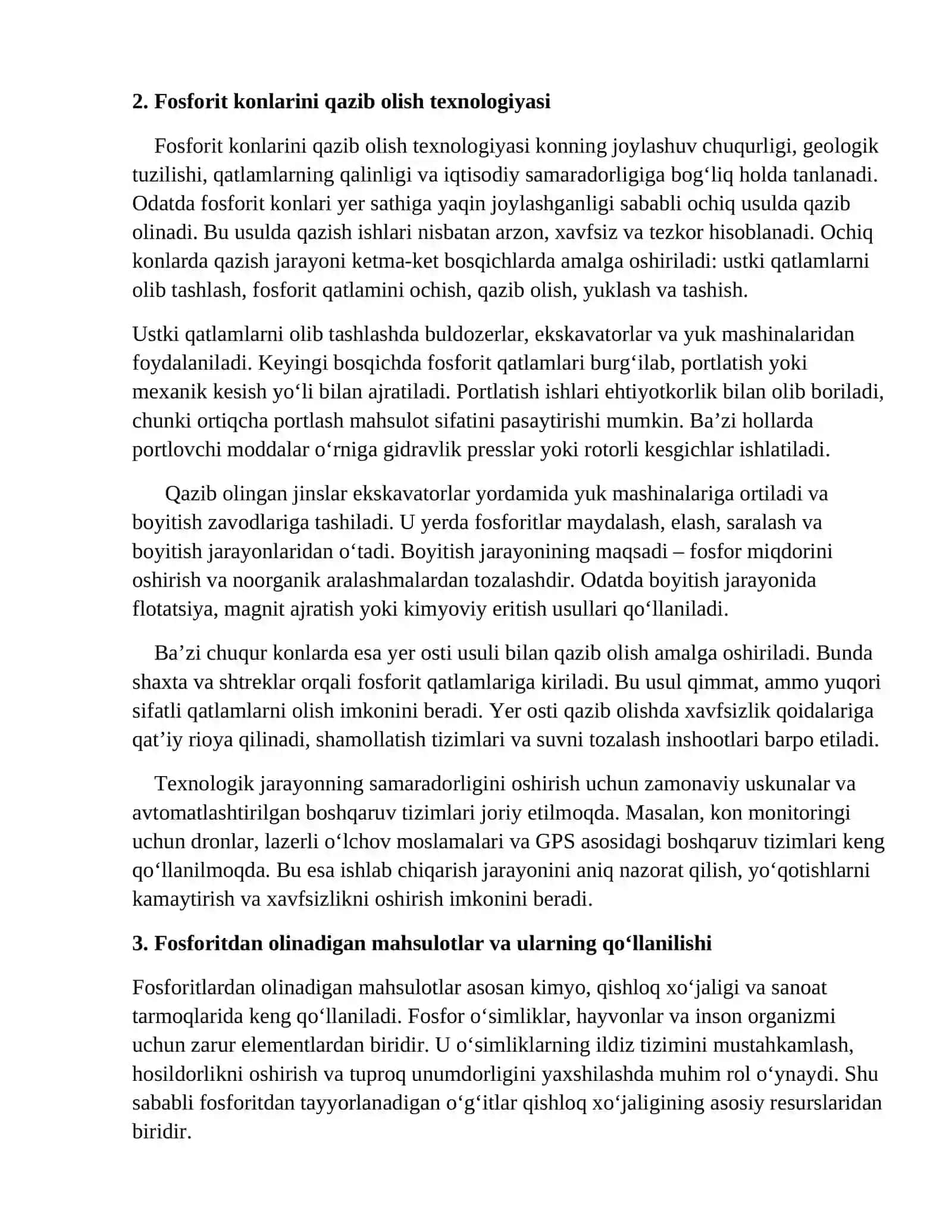 Fosforit konlarini qazib olish va fosforitdan olinadigan mahsulotlar 4