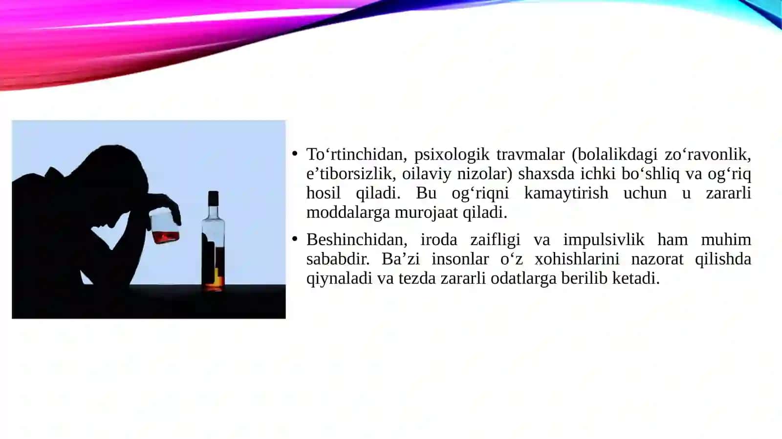 Alkogolizm, narkomaniya sabablarining psixologik tavsifi va ularning psixoprofilaktikasi 4