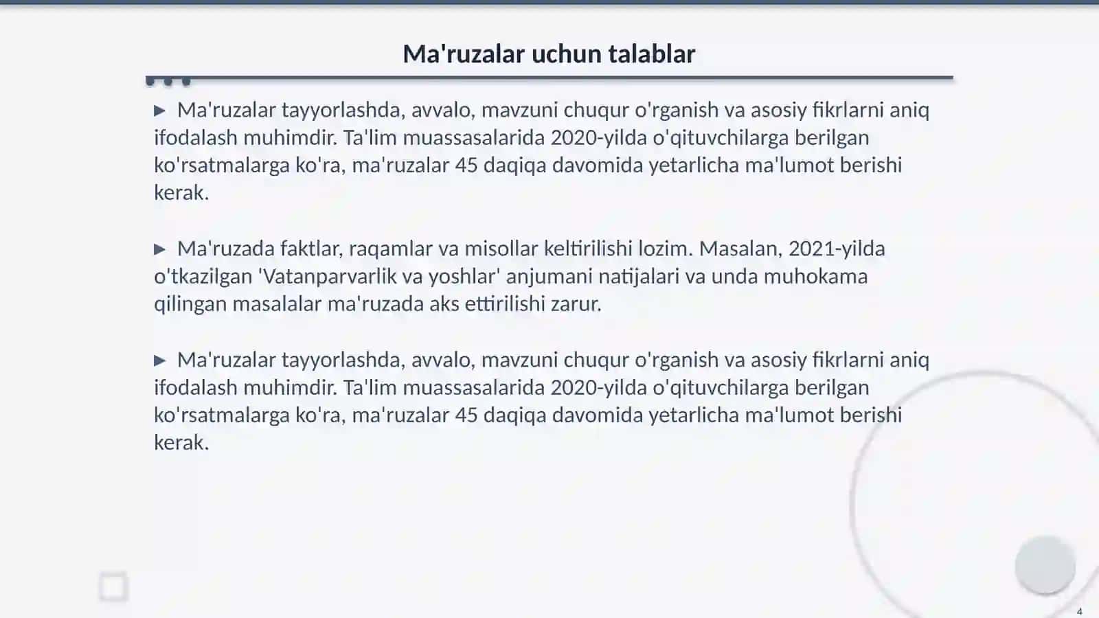 Vatanparvarlik tarbiyasi mavzusidagi maʼruza, referat va doklatlarga qoʻyilgan talablar 4