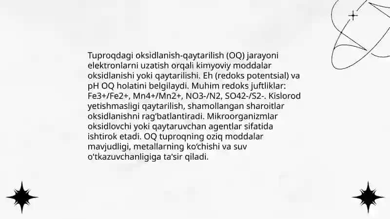Tuproq eritmasi va tuproqdagi oksidlanish-qaytarilish jarayonlari SHAXZADA 4