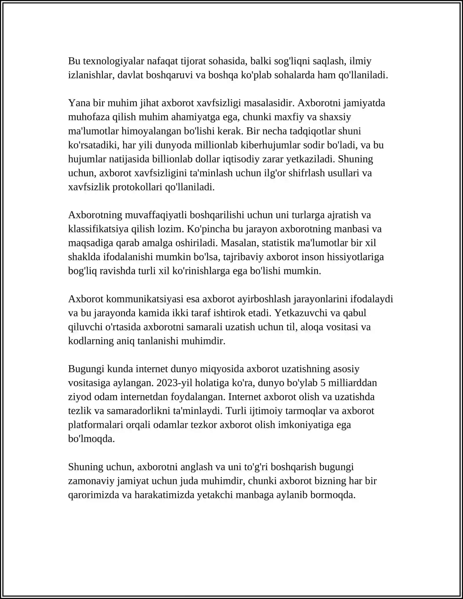 AXBAROT VA UNING TURLARIGA TURLI SOHALARDAN. MISOLLAR KELTIRISH. AXBAROTNI FAN UCHUN AHAMIYATI VA XUSUSIYATLARNI CHUNTIRING 4