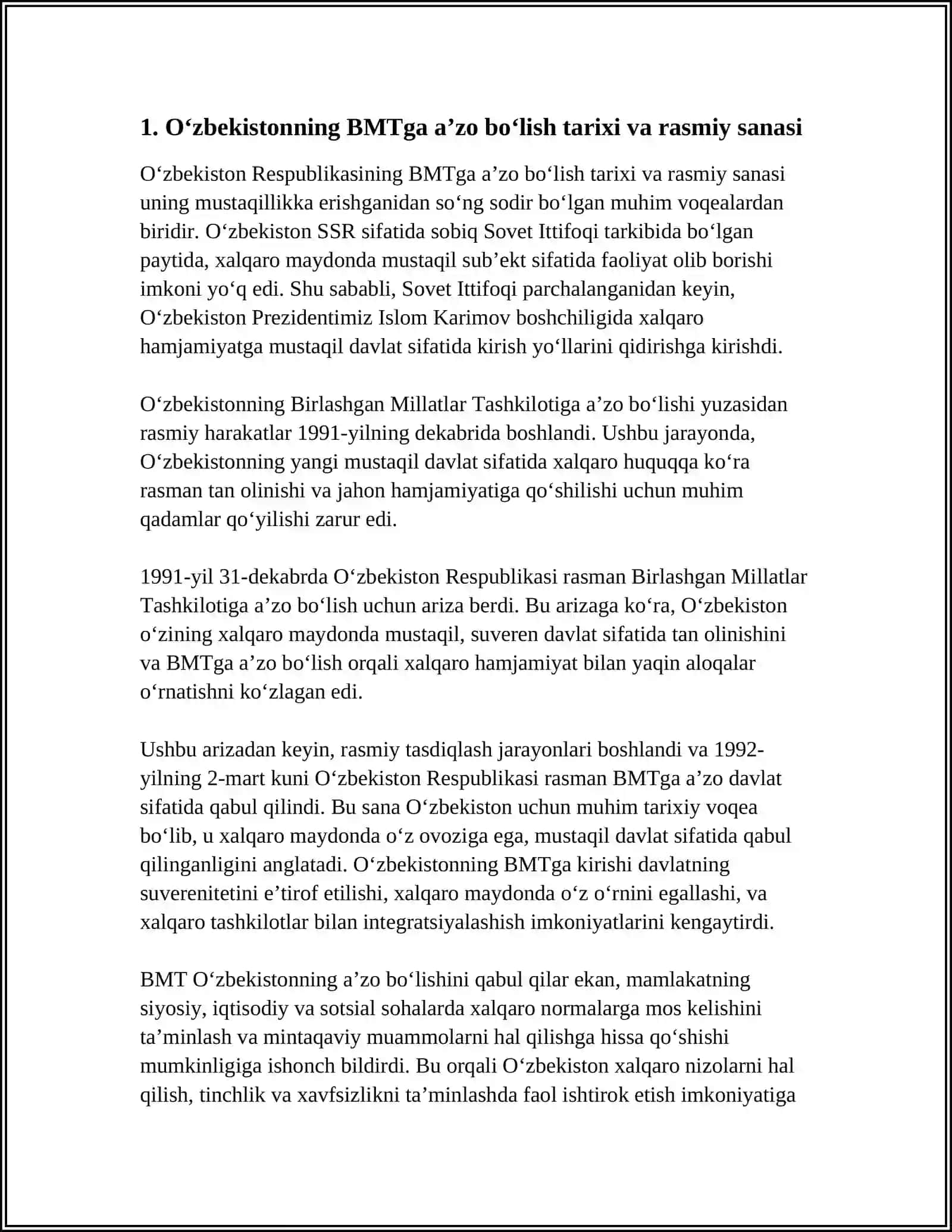 O‘zbekistonning BMTga a’zo bo‘lishi va jahon hamjamiyatida tutgan o‘rni 4