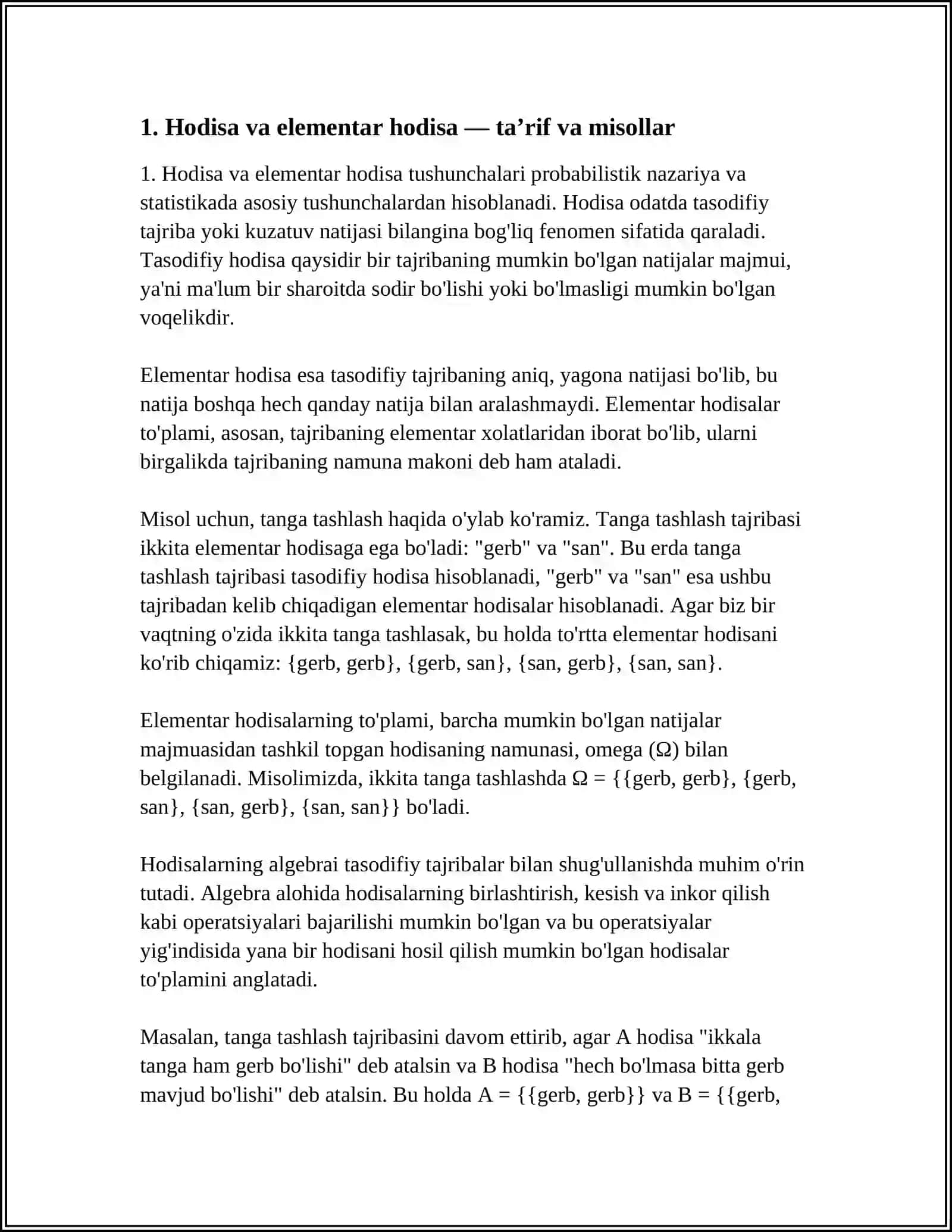 HODISALAR VA ULARNING TURLARI. HODISALAR ALGEBRASI VA SIGMA ALGEBRASI 4