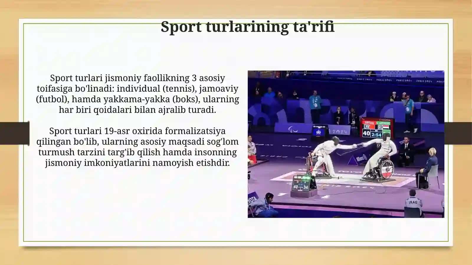 Sport turlari va ularni tasniflanishi. Sport musobaqalari turlari usullari va baholash 4