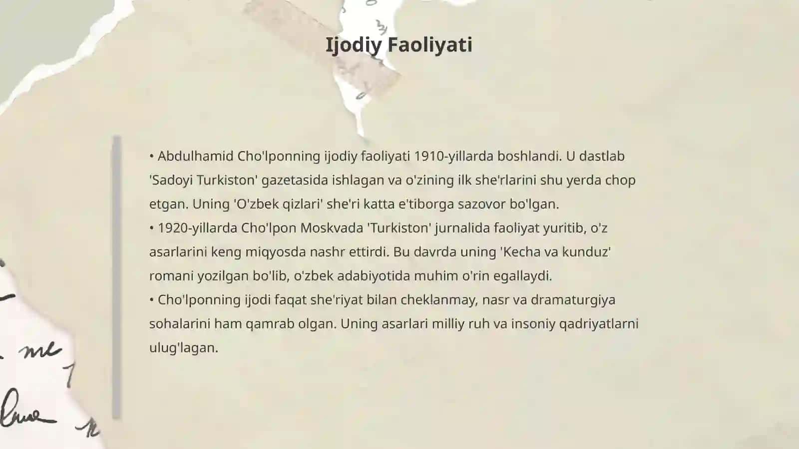 Abdulhamid Cho'lponning hayoti va ijodi. O'zbek adabiyoti 4