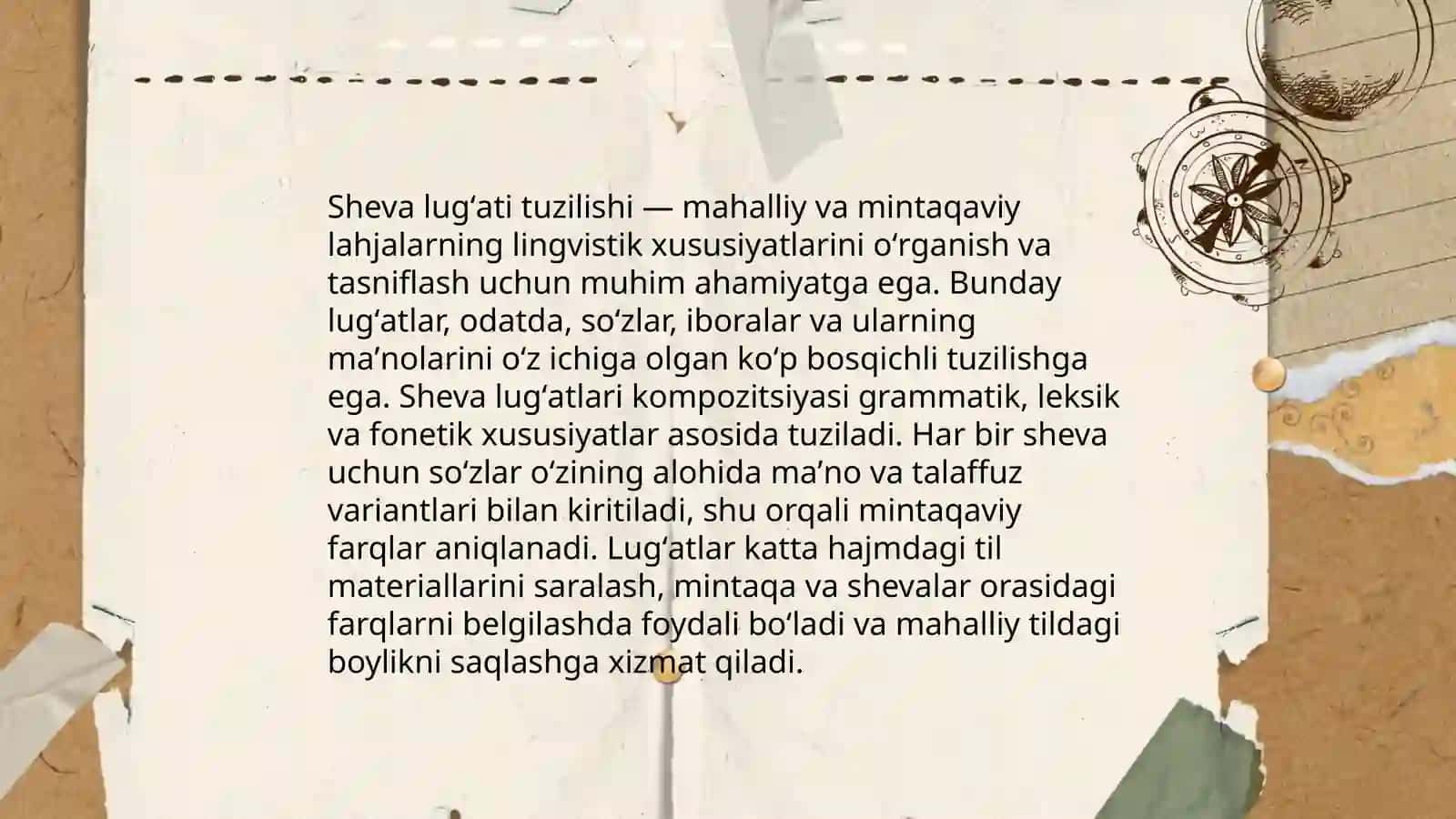 Ma'lum bir shevadan dialektal lugʻat maqolalar tayyorlash.Bir sheva lugʻati 4